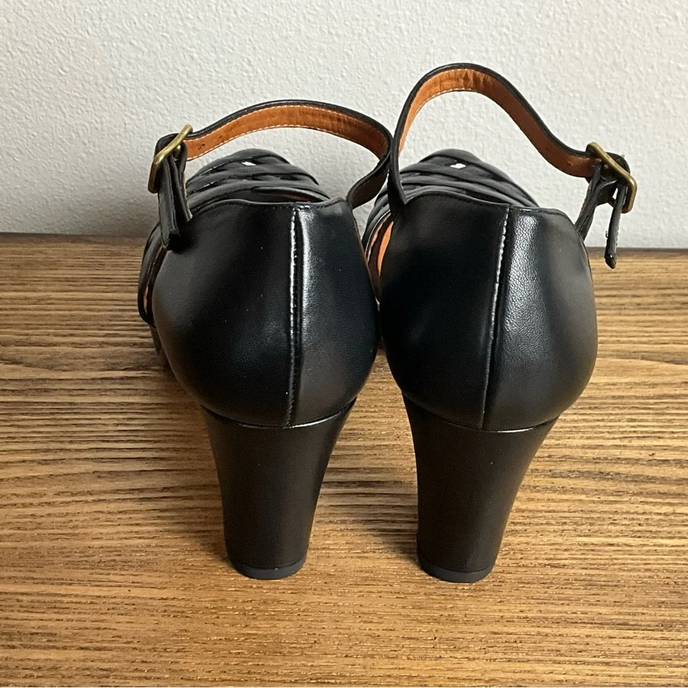 Chie Mihara Black Leather Woven Ankle-Strap Heels